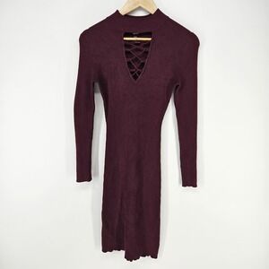Forever 21 Midi Dress Womens Medium Burgundy Lace Up Mock Neck Ribbed Knit Long